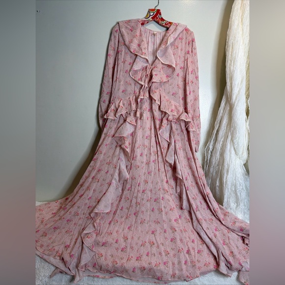 Free People Spell Fleur Ruffles Vintage Floral Pink Rose Gown Maxi Dress - Picture 6 of 9